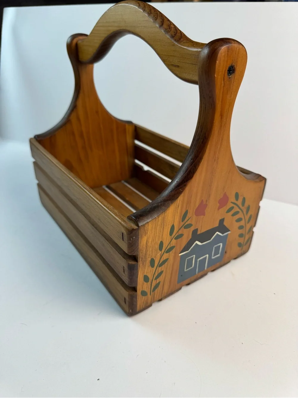 Hand-Painted Wooden Slat Basket with Handle - Folk House Design